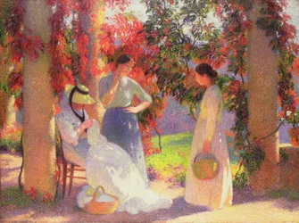 Scena di cucito sotto il pergolato a Marquayrol